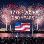 Independence Day 2026 fireworks over an American flag marking America's 250th anniversary