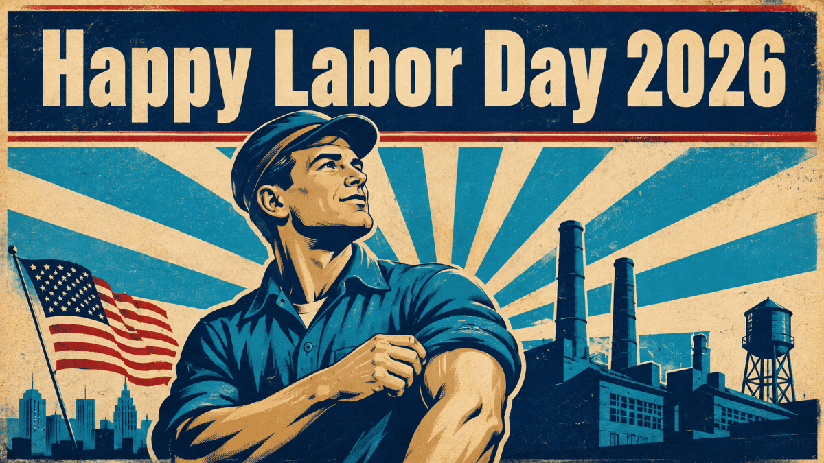 labor-day-2026 Happy Labor Day 2026 vintage poster of an American worker rolling up his sleeve with a factory and flag